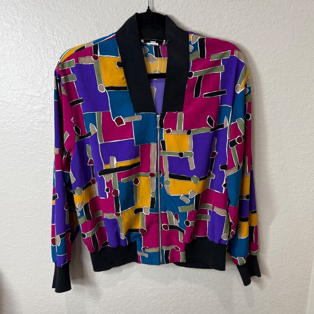 Vintage Oscar & Me Bomber Jacket Multicolor Geometric Abstract Artsy Retro Y2K 8